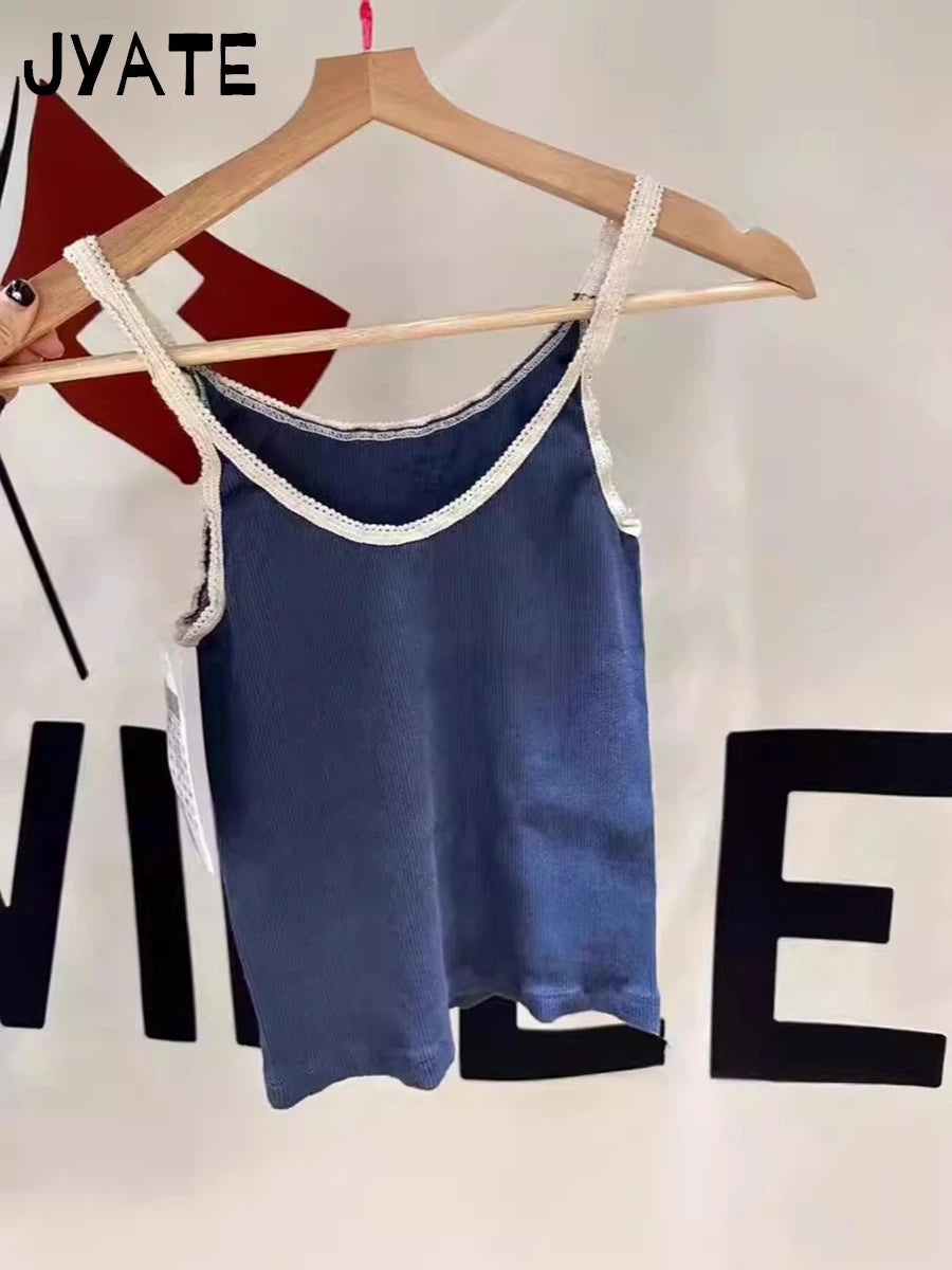 Vintage Red Cotton Waffle Sleeveless Vests Women Summer Simple Lace Trim Casual Slim Sexy Tank Tops Sweet Cute Chic Camisole Y2K