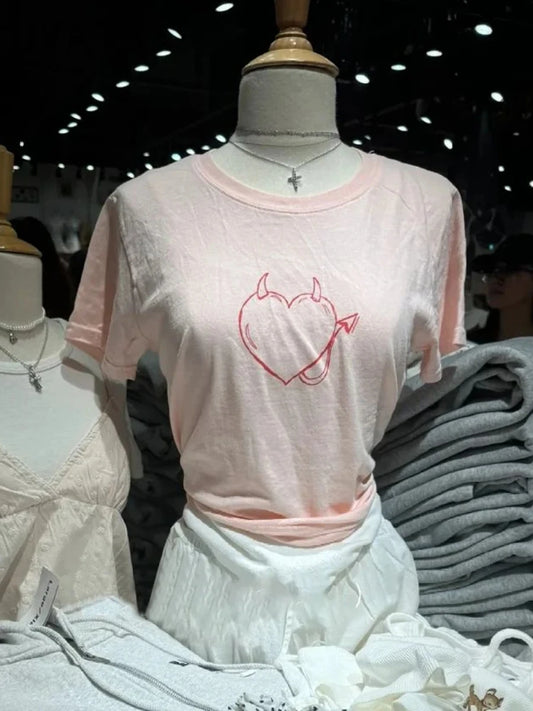 Sweet Pink Devil Heart T-shirts Women Summer New Cotton O-neck Casual Preppy Style Short Sleeve Tees Vintage Cute Chic Tops Y2K