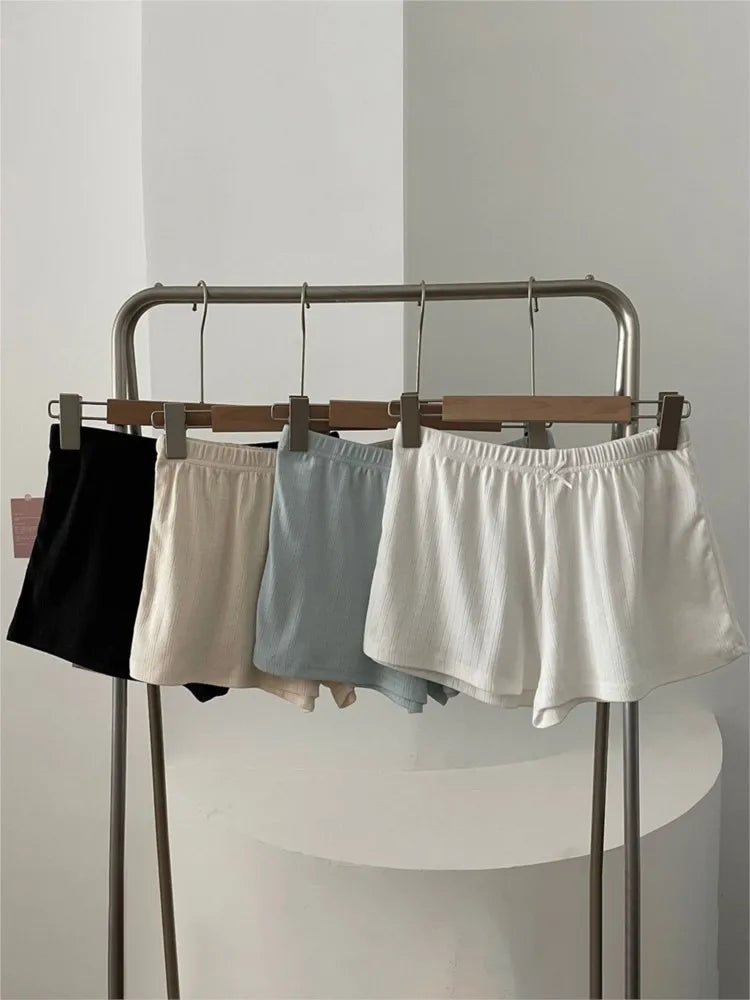 Sweet Eyelet Straight Bow Sweatshorts Women Summer New Elastic Waist Cotton Short Pant Casual Solid Basic Home Pajama Shorts Y2K