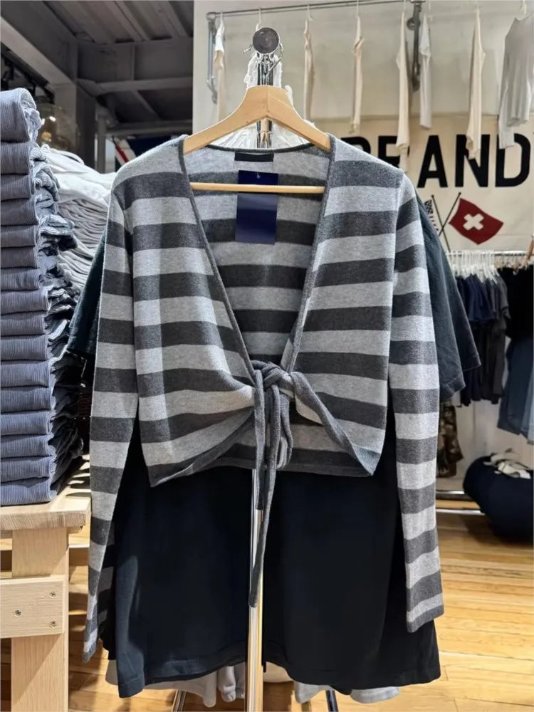 Striped Lace-up T-shirt Cardigan Spring Cotton V-neck Slim Long Sleeve Wrap Smock Female Vintage Sweet Crop Tops New Knitwear