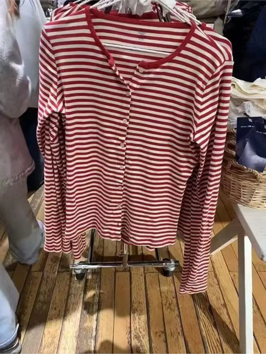 Sweet Red Striped Slim Long Sleeve T-shirt Women Preppy Style O-neck Single Breasted Cotton Tee Shirts Cute Basic Simple Top New