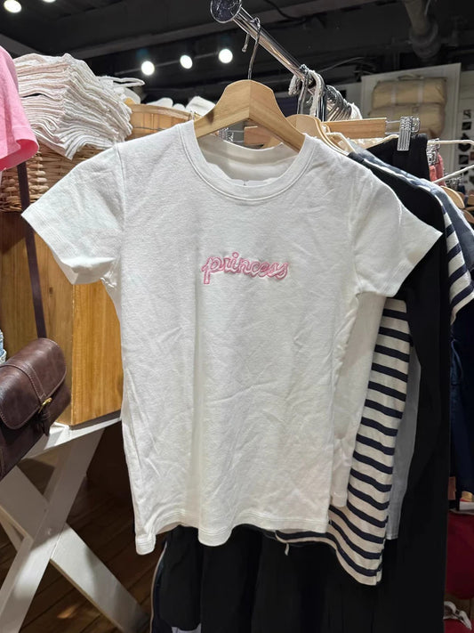 White Letter Embroidery Slim T-shirts Woman's Summer O-neck Short Sleeve Cotton Tee Shirts Female Casual Sweet All-match tshirt