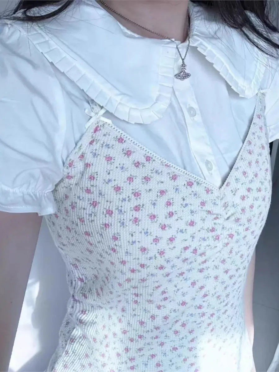 White Buttons Peter pan Collar Blouse Women Cotton Casual Preppy Style Short Sleeve Tees Sweet Vintage Cute T-shirts Y2K Tops