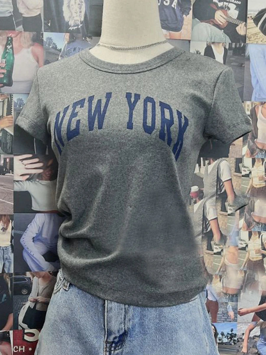 Fashion Letter Print Short Sleeve Tee Women New Casual O-neck Solid Streetwear Retro T-shirts Harajuku Vintage Chic Y2K Crop Top