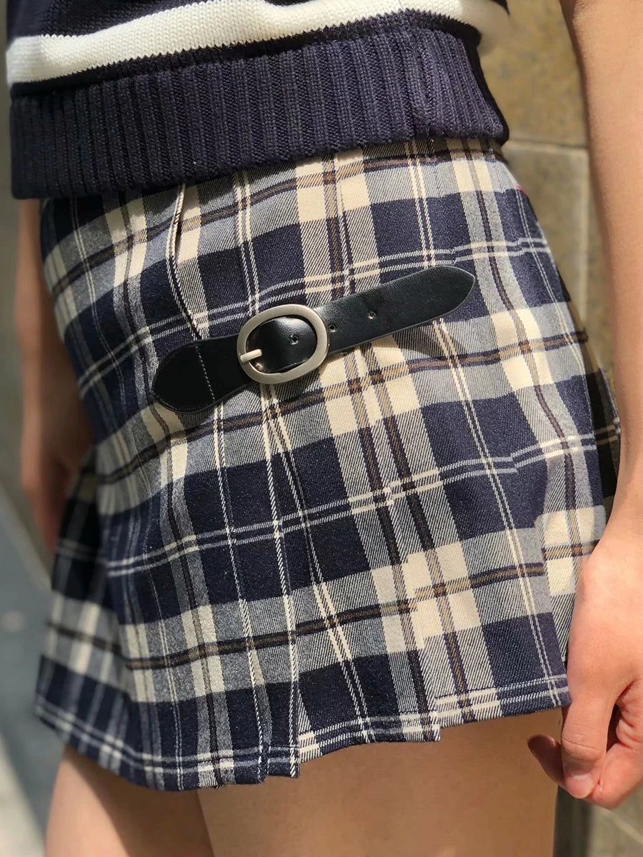 Vintage Preppy Plaid Low Waist Mini Skirt Women Streetwear Aestjetic Chic Sexy Buckle Pleated Skirts Retro Sweet Cute Faldas Y2K