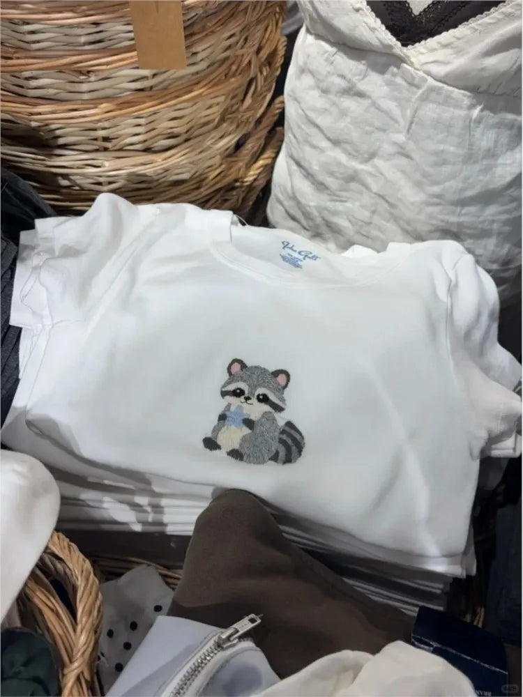 Cute Koala Embroidery Crop Tops Women Summer Casual Slim Cotton Cropped Short Sleeve Tees Female Sweet Preppy Style T-shirts Y2K