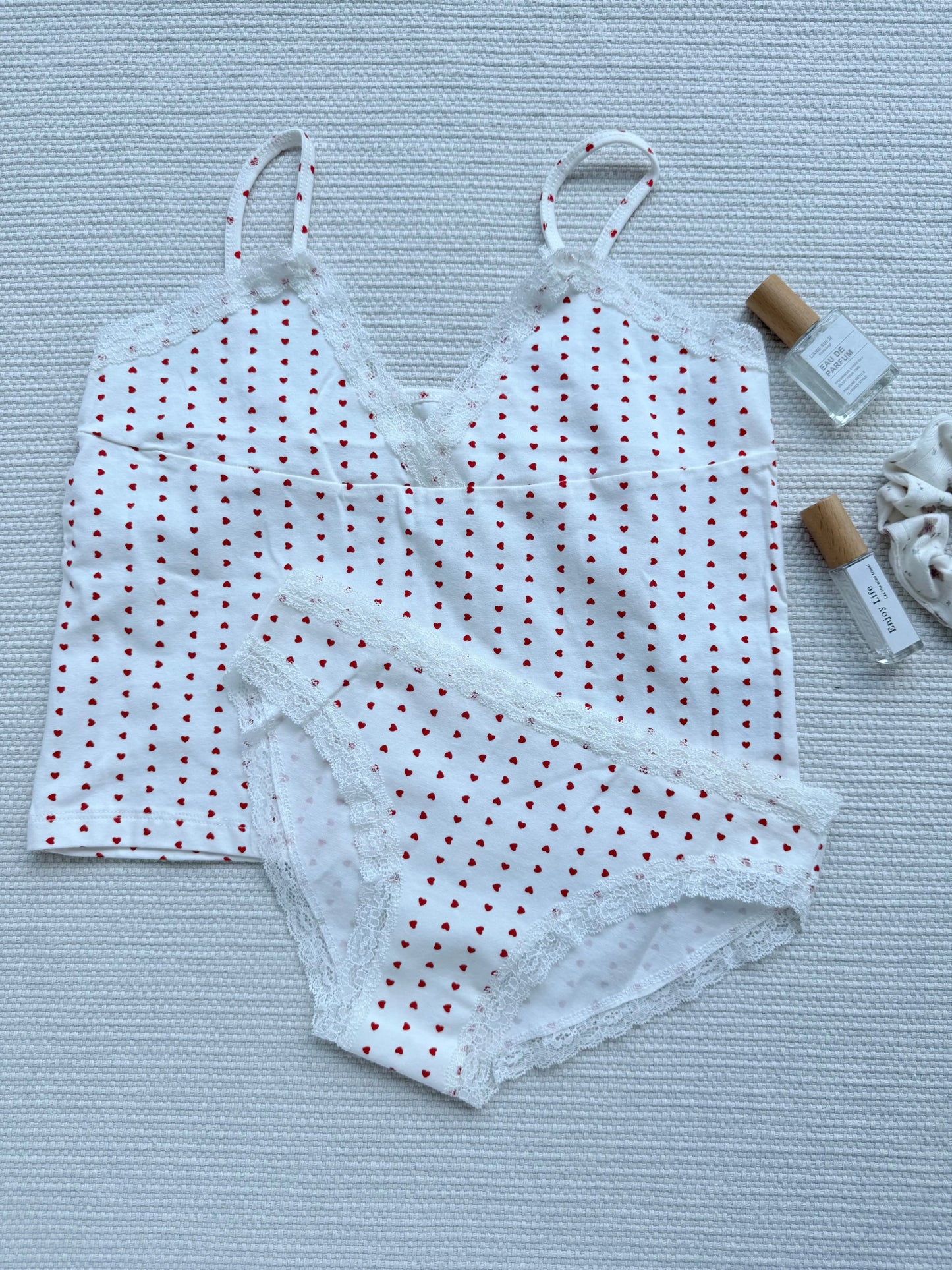 Cute Red Heart Print 2 piece Sets Women Summer Cotton Lace Trim V-neck Camisole+Short Pants Sweet Home Short Outfits Y2K