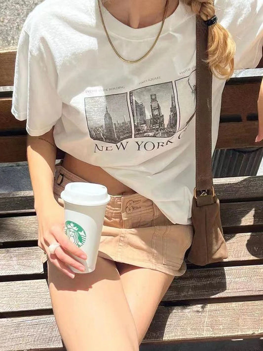 White Letter Graphic Print Loose Short Sleeve Tees Women Cotton O-neck Casual Streetwear Tops Oversized Vintage Simple T-shirts