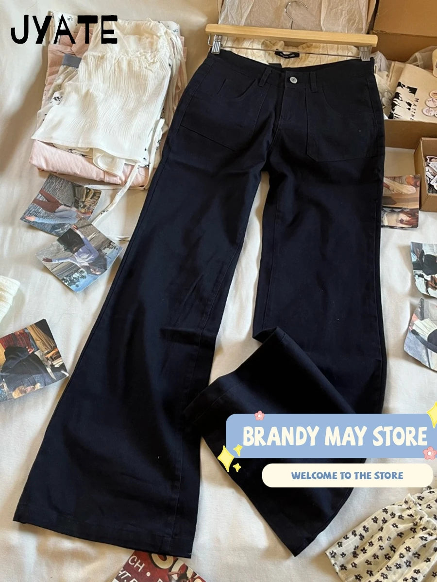 Harajuku Black Pockets Low Waist Straight Pants Women Spring Streetwear Casual Cargo Long Pant Vintage Baggy Simple Trousers Y2K