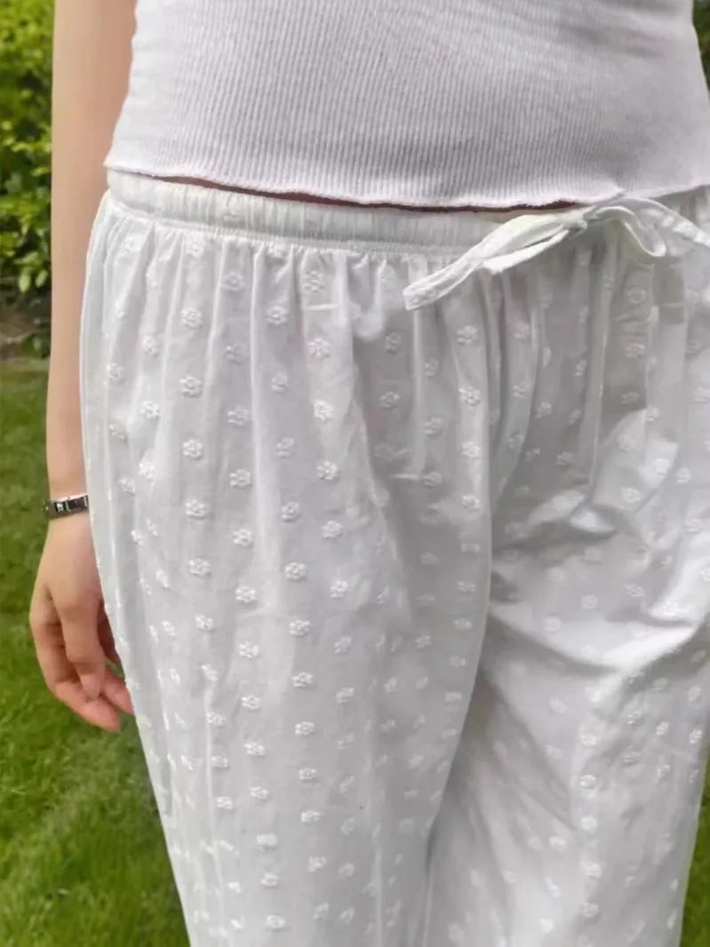 White Drawstring Straight Sweatpants Women Spring Y2K Cotton Linen Casual High Waist Trousers Sweet Cute Sport Long Pants New