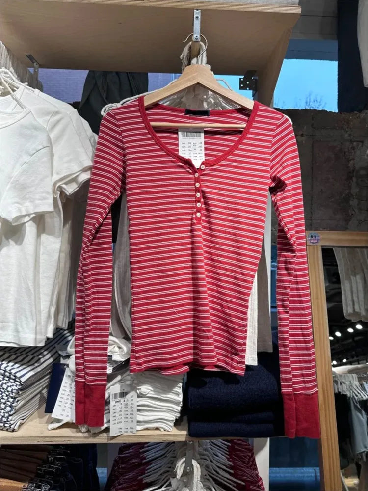 Autumn Red Striped Patchwork Long Sleeve Tees Women Casual Chic Cotton Buttons T-shirt Sweet Preppy Style Slim Tshirt Y2K Tops