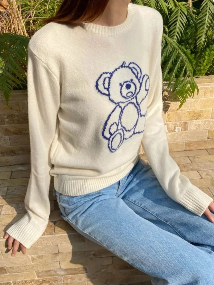 Bears Jacquard Cute Knit Sweaters Women Spring O-neck Long Sleeve Cotton Jumper Vintage Sweet Preppy Style Pull Sweater Tops Y2K