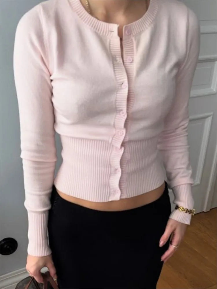Pink Long Sleeve Knitted Cardigan Women Spring Simple Button Casual Jumper Shoujo Clothes Sweet Cute Preppy Style Sweater Top