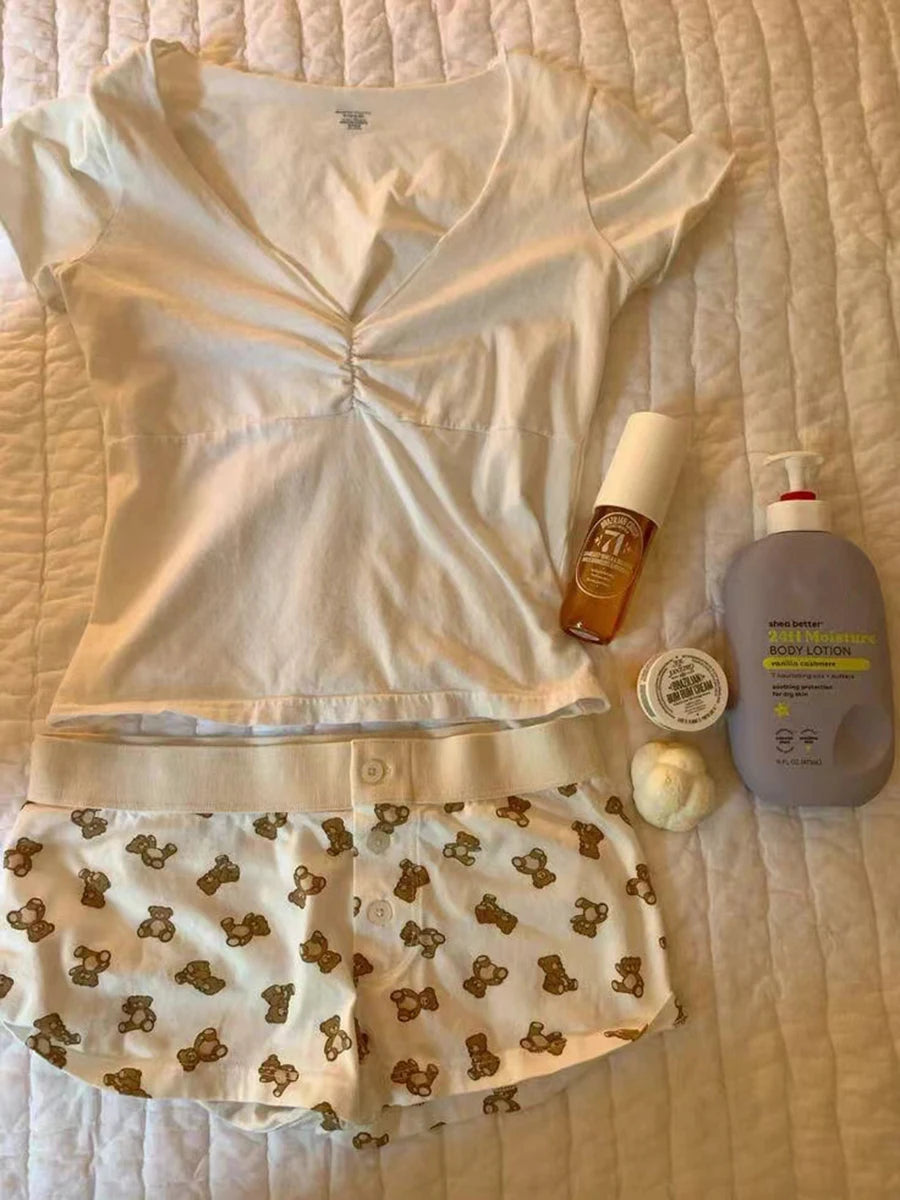White V Neck T-shirts+little Bear Print Shorts Two Piece Set Cute Home 2 Piece Sets Women Outfit Vintage Cotton Slim Short Sets