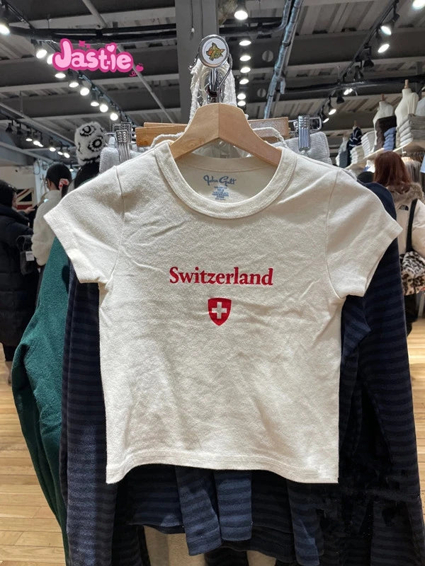 Vintage Letter Graphic Crop Top Women Summer Casual Round Neck Short Sleeve Short T-shirt Female Retro Classic Cotton Tops Chic