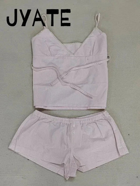 Sweet Pink Striped V-neck Bow Camis Women Summer New Cotton Casual Preppy Style Sleeveless Vests Vintage Chic Cute Tank Tops Y2K