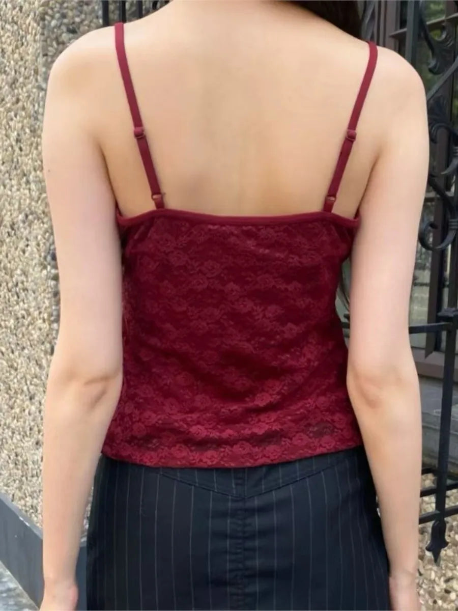 Claret Lace Bow V-Neck Tank Top Summer Sleeveless Thin Slim Sleeveless Vest Women Sweet Vintage Streetwear Sexy Crop Tops Y2k