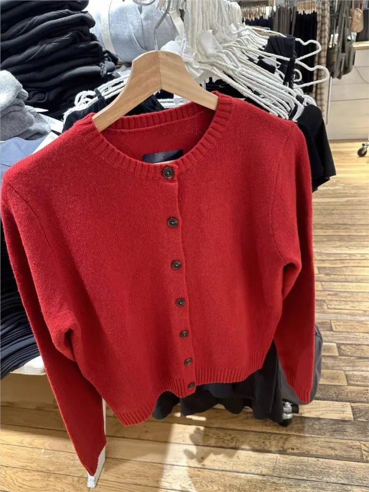 Christmas Red Knitted Sweater Cardigan Autumn Round Neck Single Breasted Cotton Knitwear Casual Vintage Chic Y2K Sweaters Coat