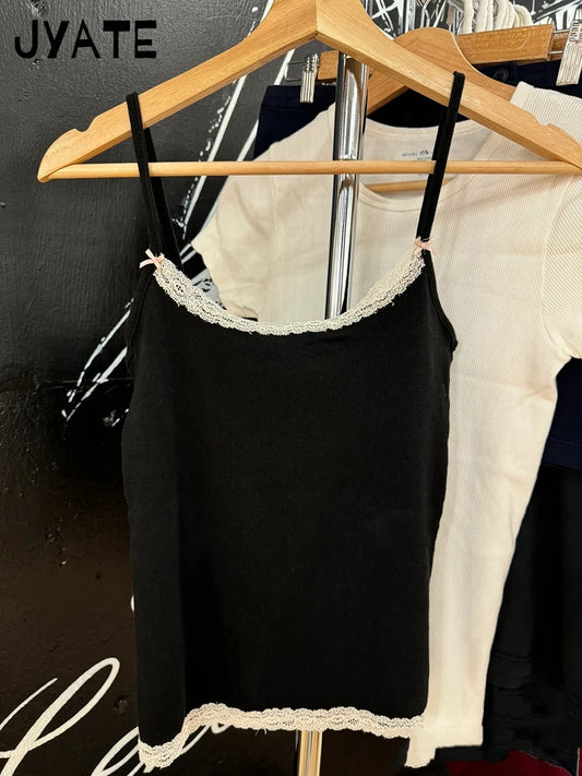 Harajuku Lace Trim U-neck Tank Tops Women New Cotton Sexy Slim Streetwear Bow Sleeveless Vests Vintage Chic Sweet Camisole Y2K