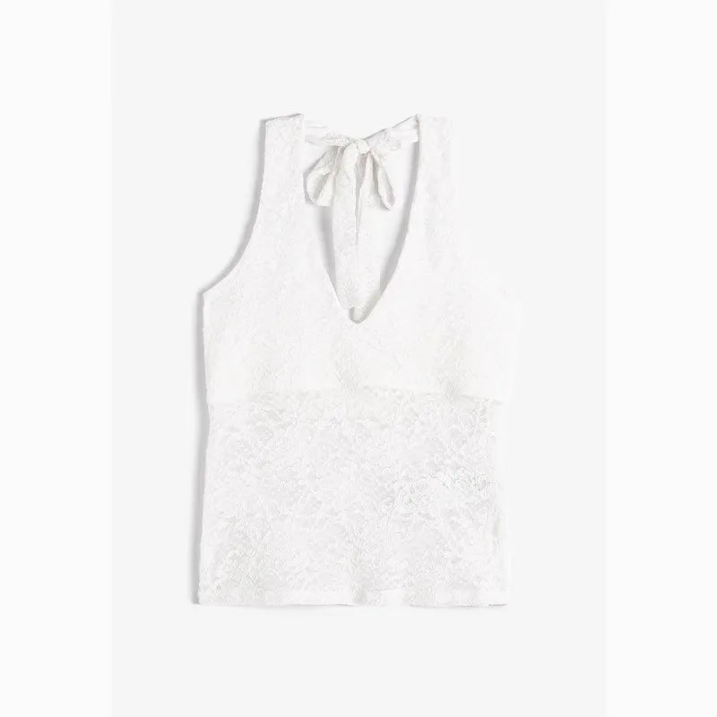 Lace See Through Halter Neck Tank Tops Women New Casual Sexy Streetwear Cotton V-neck Sleeveless Vests Sweet Chic Vintage Camis