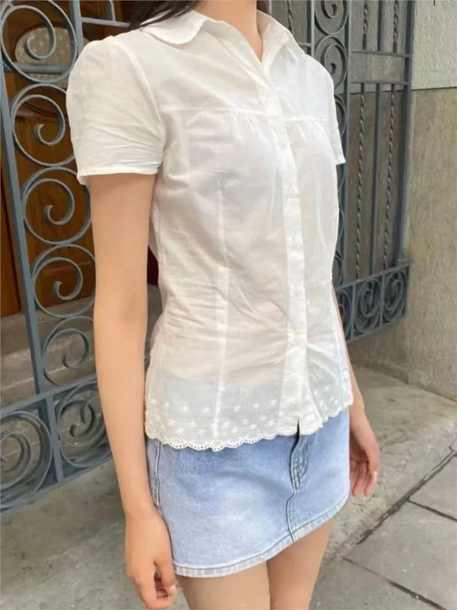 Lace Trim White T-shirt Blouse Women Casual Pan Collar Single Breasted Short Sleeve Tee Sweet Cute Preppy Style T-shirts Y2K New