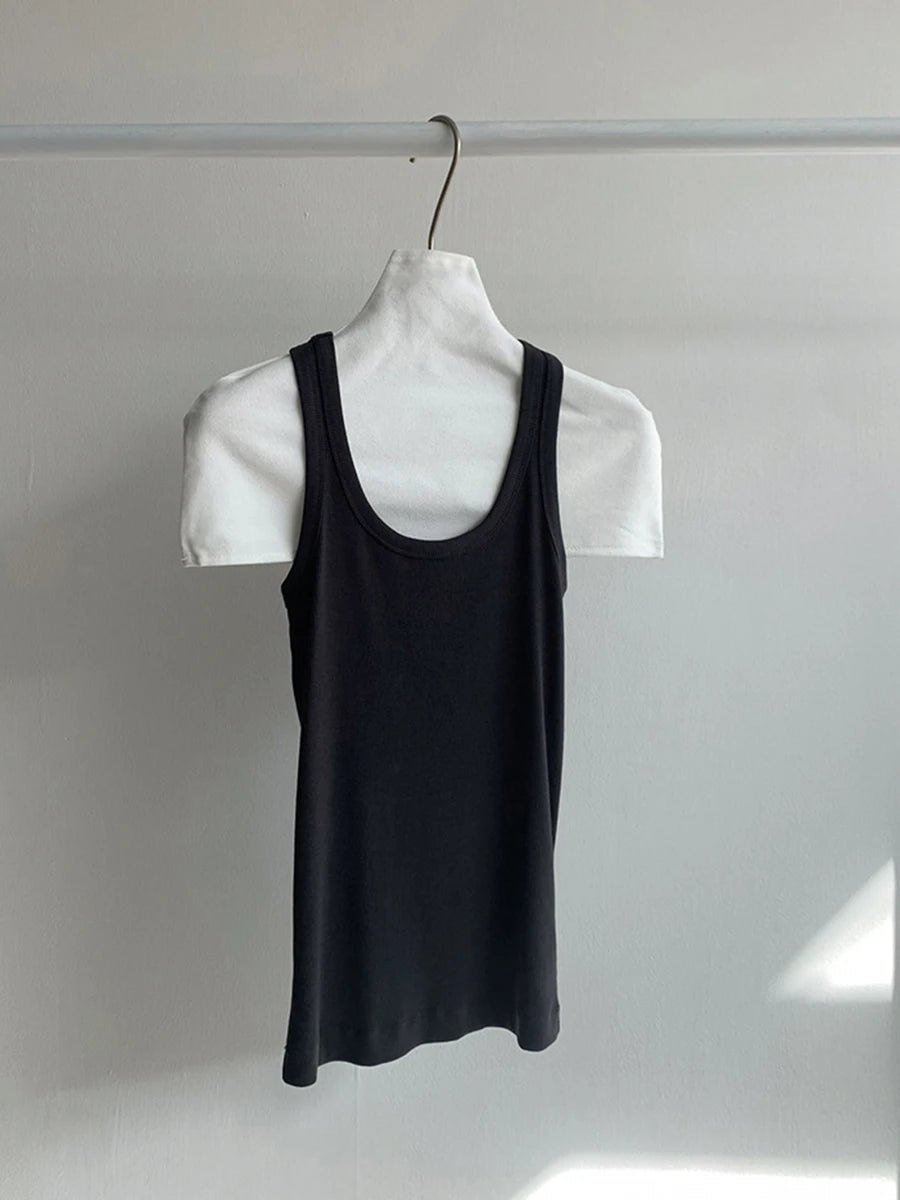 Solid U-neck Slim Sleeve Tank Tops Women Summer Casual Simple Ribbed Cotton Vests Girl Sweet Basic Y2K Preppy Style Camisole New