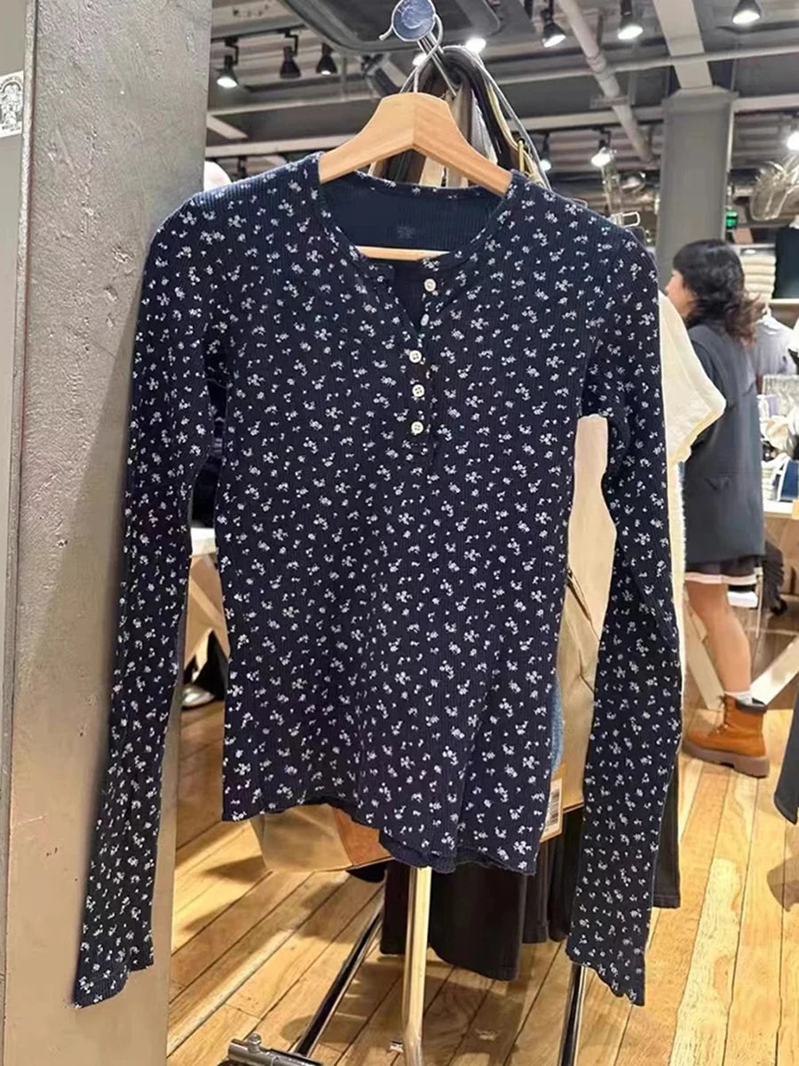 Waffle Floral Buttons Slim Long Sleeve Tee Women Spring New Cotton Preppy Style Tops Female Sweet Cute Chic Vintage T-shirts Y2K