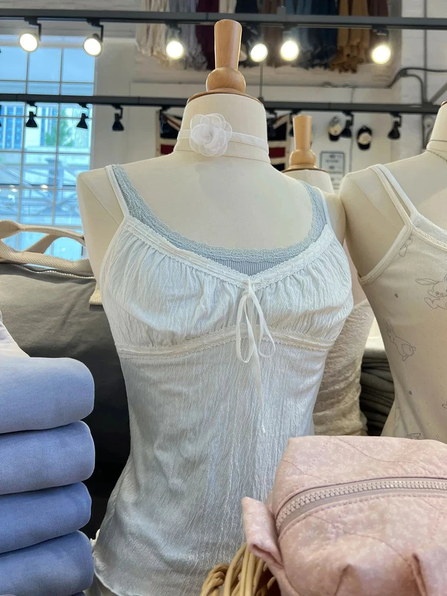Gray Folds Lace-up V-neck Tank Tops Women Summer Casual Lace Cotton Slim Sleeveless Vests Sweet Cute Preppy Style Camisole