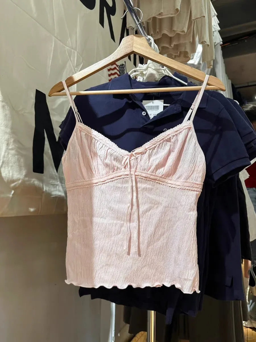 Vintage Solid Folds V-neck Tank Tops Women Summer Casual Slim Lace-up Sleeveless Vests Cute Preppy Style Simple Camisole Y2K