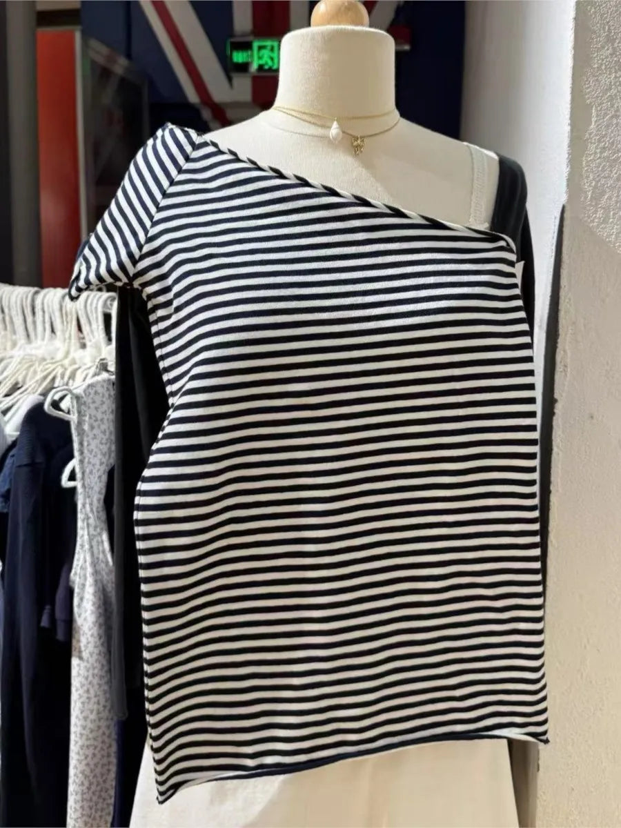 Off-shoulder Style Striped T-shirts Women Summer Sexy Slim Cotton Short Sleeve Tee Female Vintage Sweet Chic Tshirt Y2K Tops New