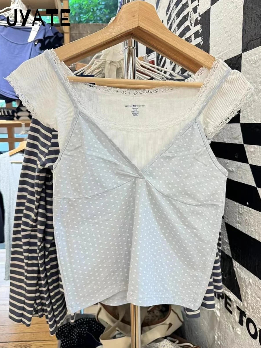 Sweet Blue V-neck Slim Tank Tops Women Summer New Cotton Sexy Heart Print Sleeveless Vests Preppy Streetwear Chic Camisole Y2K