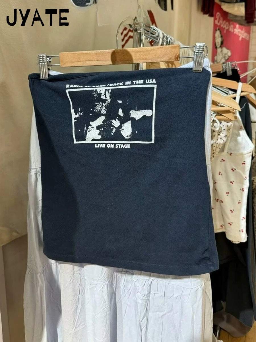 Harajuku Guitarist Print Strapless Vests Women New Cotton Sexy Slim Casual Cropped Camisole American Vintage Chic Tank Tops Y2K