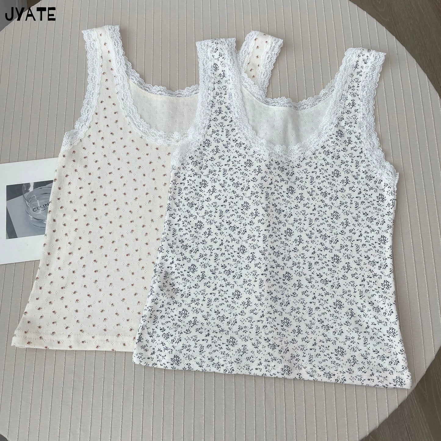 Floral Print Lace Trim Tank Tops Women Summer Cotton Casual Simple U-neck Sleeveless Slim Vests Vintage Sweet Cute Crop Top Y2K