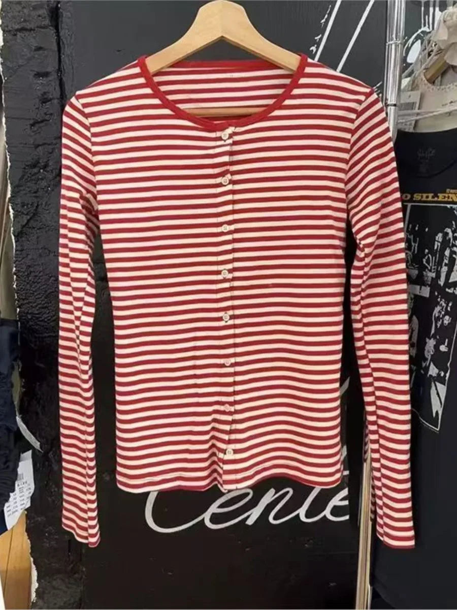 Sweet Red Striped Slim Long Sleeve T-shirt Women Preppy Style O-neck Single Breasted Cotton Tee Shirts Cute Basic Simple Top New
