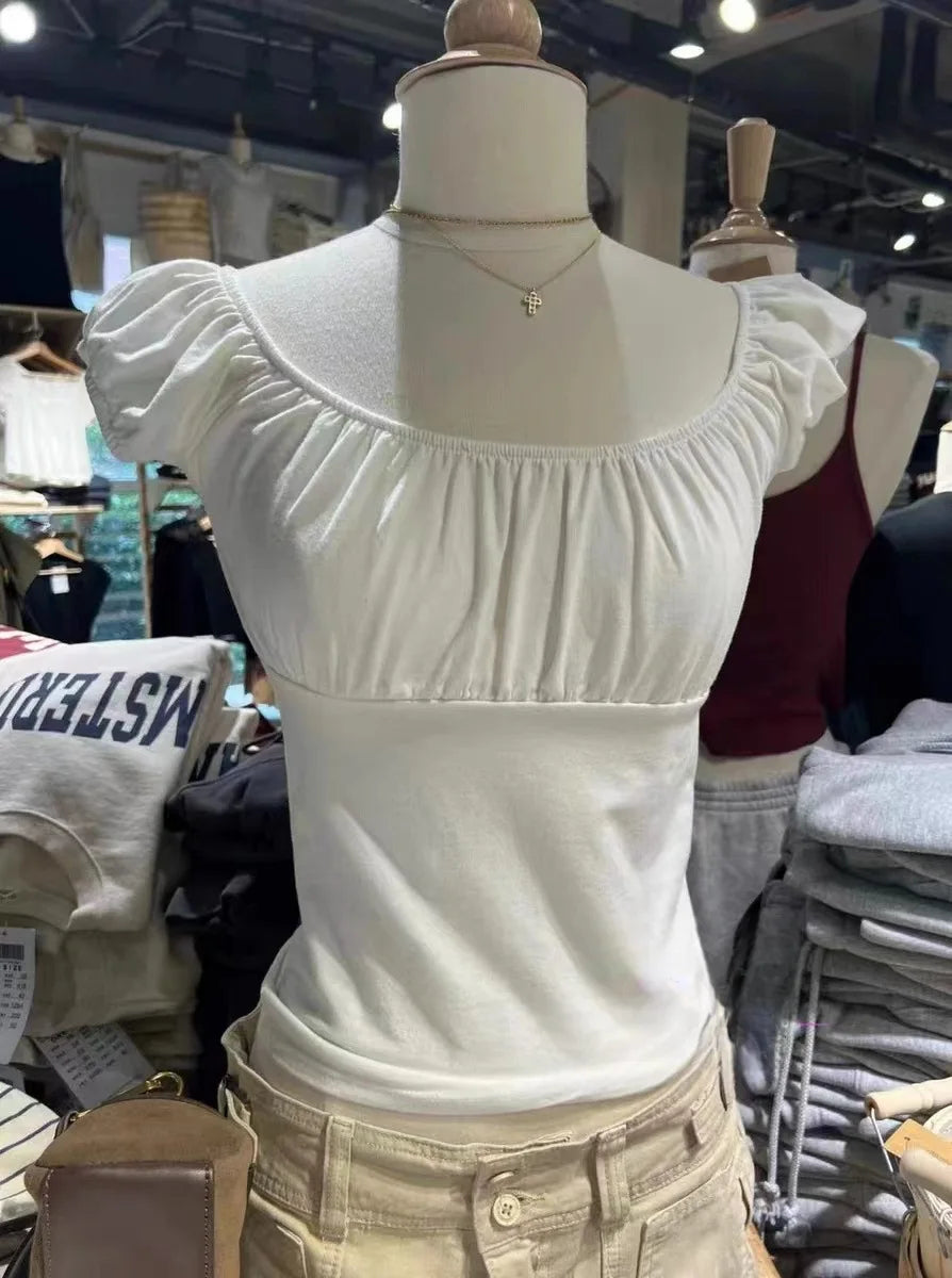 Burgundy Mesh Folds Short Sleeve Tee Women Summer Square Collar Cotton Ruffle Slim T-shirts Female Sweet Aesthetic Cute Y2K Tops
