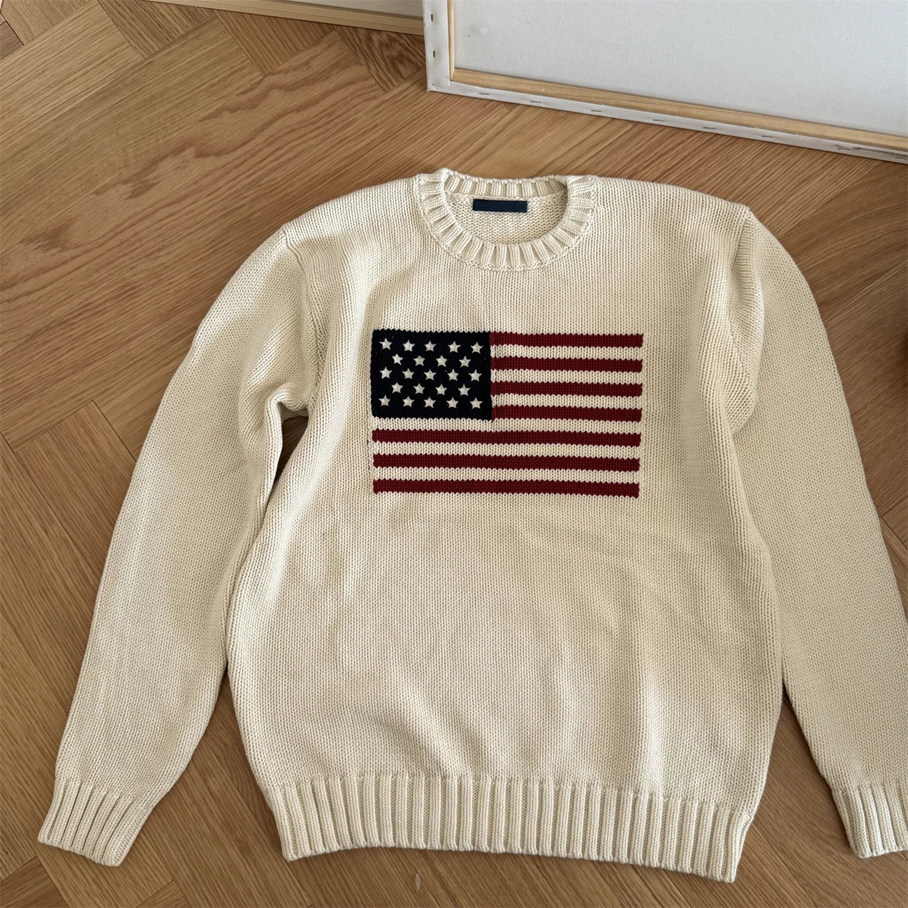 Retro Flag Jacquard Graphic Sweater Women Crew Neck Long Sleeve Jumper American Vintage Preppy Style Knitted Tops Pullover  Y2K