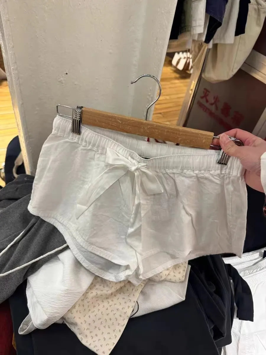Simple White Straight Shorts Women Casual Drawstring Bow Elastic Waist Button Cotton Sweatshorts Home Underwear Sweet Short Pant