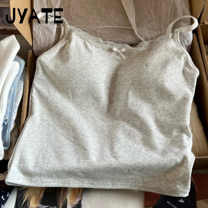 Lace Trim With Chest Pad Tank Tops Women Summer Cotton Casual Bow Slim Sleeveless Cropped Vests Sweet Cute Vintage Camisole Y2K