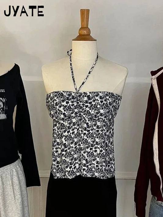 Sweet Navy Floral Drawstring Strapless Tank Tops Women New Streetwear Side Split Slim Cropped Vest Summer Vintage Chic Camis Y2k