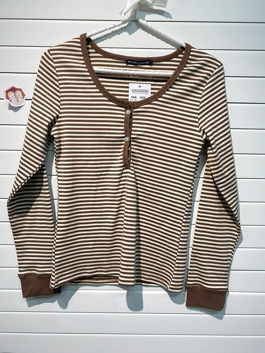 Brown Striped Buttons T-shirts Women Casual Chic Cotton Patchwork Long Sleeve Tees Vintage Preppy Style Slim Tshirt Y2K Tops New