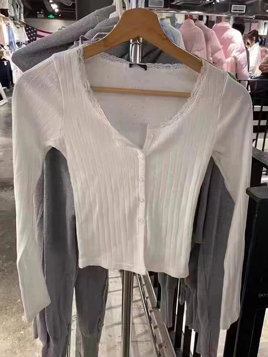 White Ribbed Lace Trim Long Sleeve Tees Women Casual Streetwear Button Hollow Out Tops Female Sweet Cute Harajuku T-shirts Y2K
