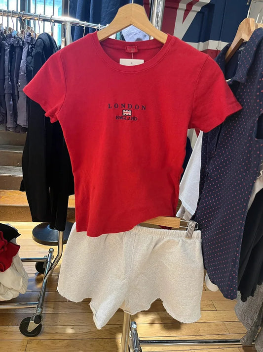 Vintage Red Letter Flag Embroidery Cotton T-shirt Women O-neck Summer Short Sleeve Tee Shirt American Slim Casual Crop Y2K Top