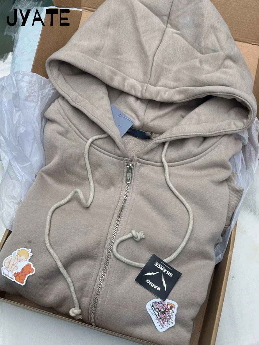 Vintage Solid Cotton Zipper Hooded Sweatshirts Women Pockets Drawstring Basic Loose Hoodie Tops Casual Simple Chic Hoodies Coat