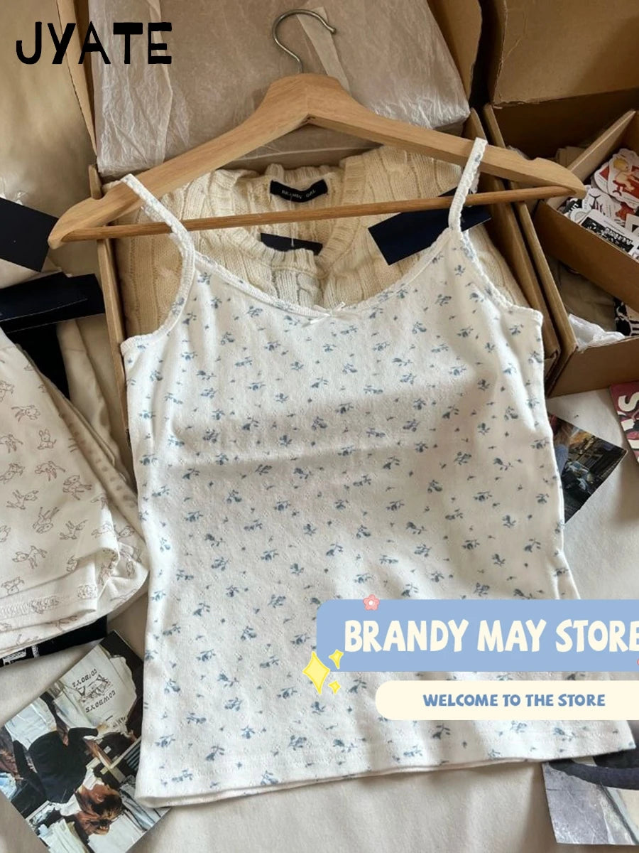 Chic Blue Floral Print Bow Sleeveless Vests Women New Cotton Soft Casual Slim Cropped Camisole Sweet Cute Vintage Tank Tops Y2K