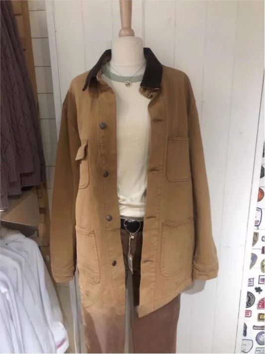 Korean Style Lapel Quilted Coat Women Winter New Retro  Loose Casual Long Sleeve Cardigan Coats Vintage Chic Preppy Style Jacket