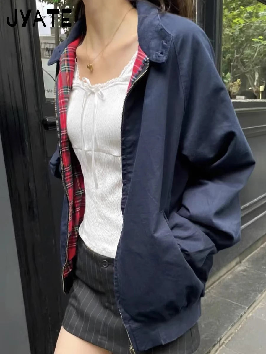 Harajuku Internal Red Plaid Zipper Flight Jacket Women Autumn Cotton Thick Stand Collar Loose Jackets Chic Vintage Y2K Coat Tops