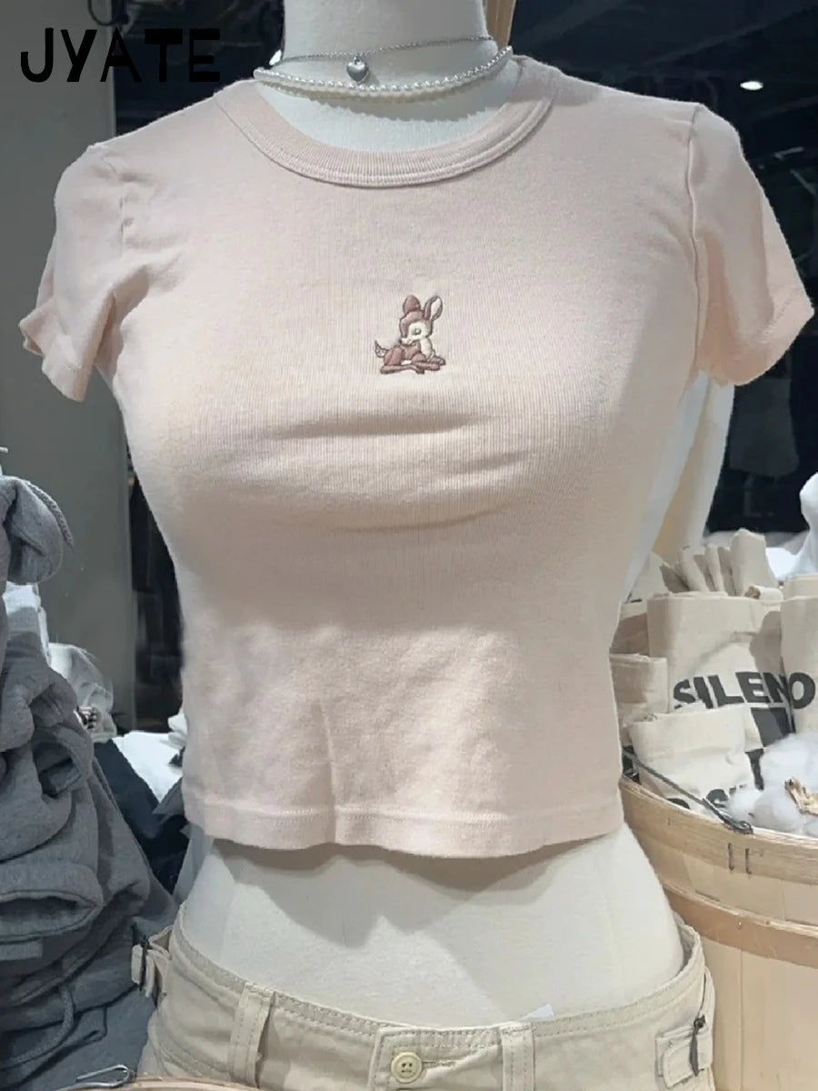 Cute Koala Embroidery Crop Tops Women Summer Casual Slim Cotton Cropped Short Sleeve Tees Female Sweet Preppy Style T-shirts Y2K