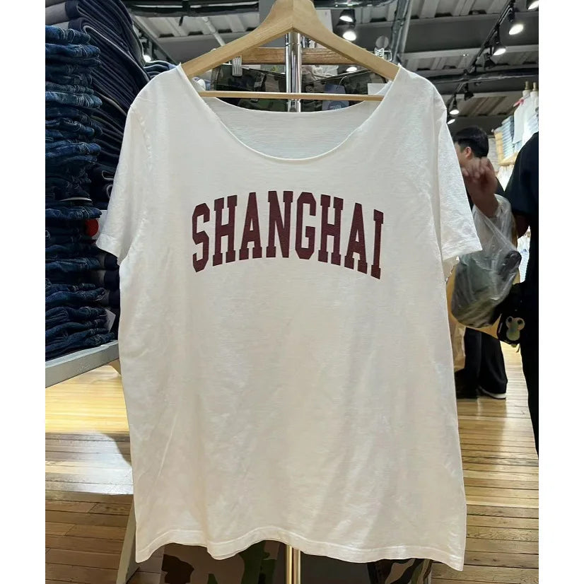 Letter Print Slash Neck T-shirts Women Summer New Black Raw Hem Cotton Short Sleeve Tees Vintage Cute Harajuku Tshirt Y2K Tops