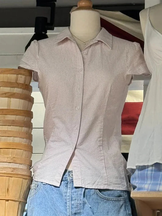 Sweet Pink Striped Button Blouse Women New Streetwear Casual Lapel Short Sleeve Tees Vintage Cute Preppy Style T-shirts Y2K Tops