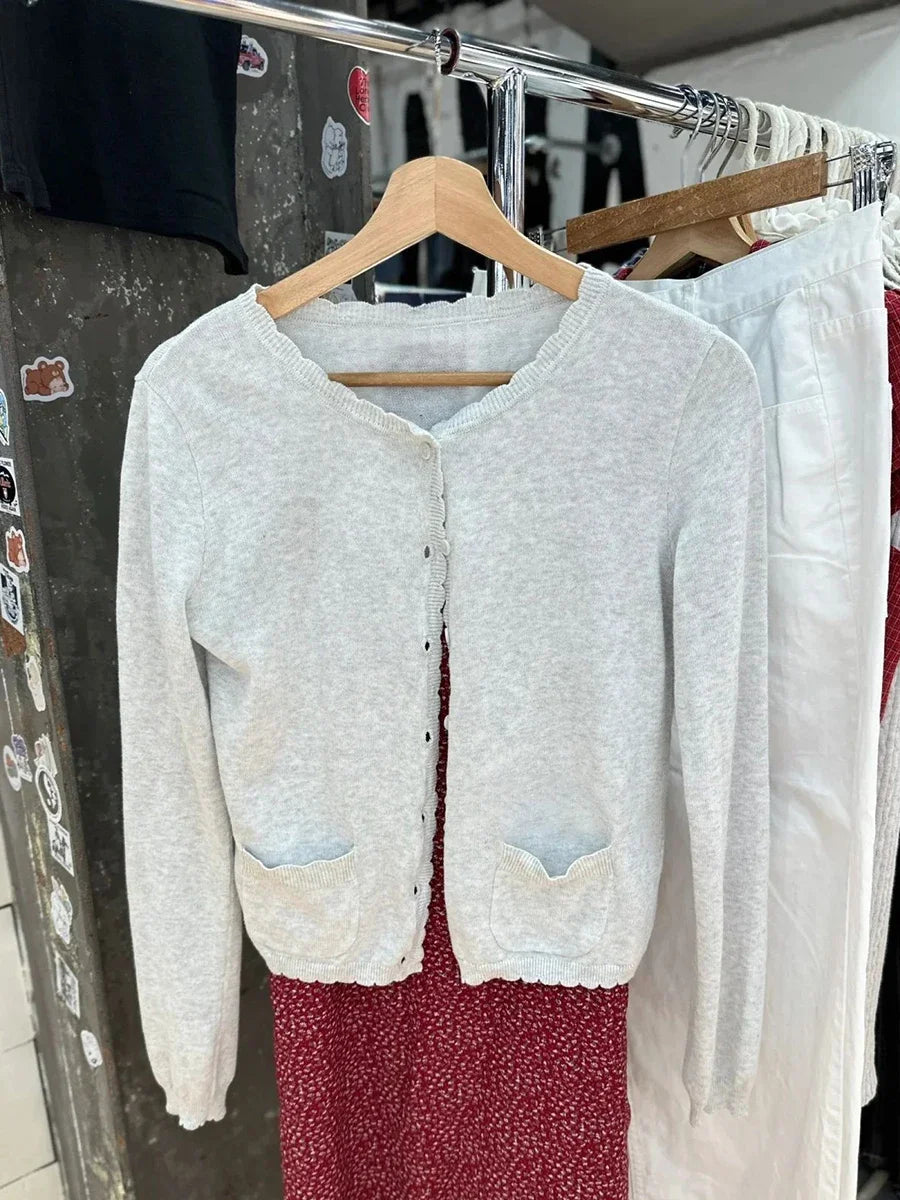 Gray Pockets Knitted Sweater Cardigan Women Autumn Cotton Round Neck Long Sleeve Sweaters Sweet Preppy Style Knitwear Y2K Tops
